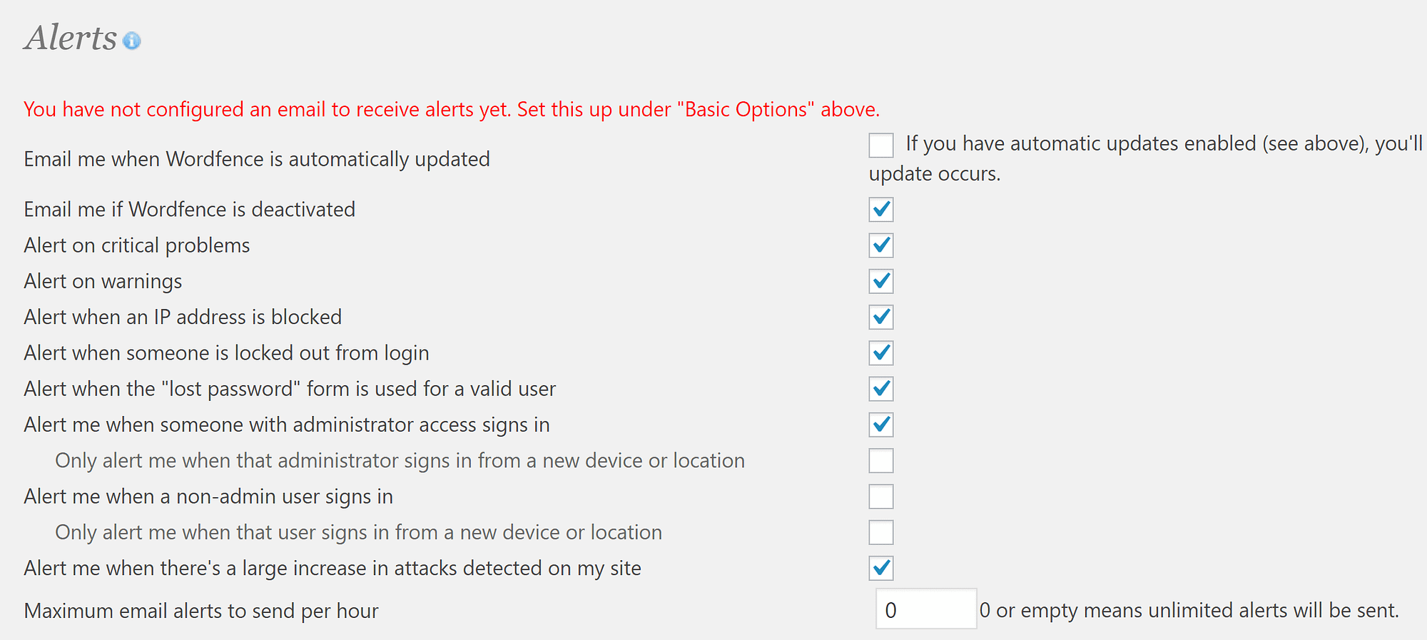 The Wordfence Security Alerts settings.
