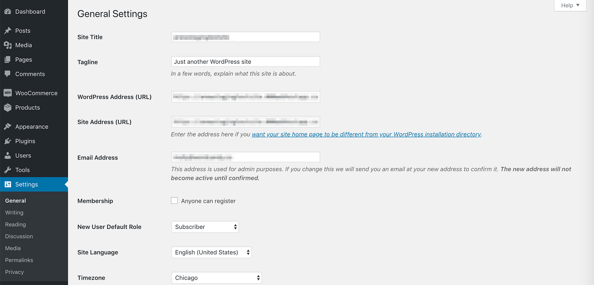 The WordPress General settings page.