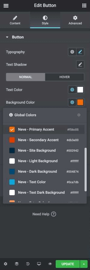 Neve features like global colors are integrated with Elementor