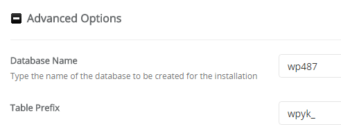 The WordPress installation screen showing the database prefix settng.