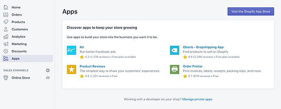 The Shopify Apps admin page.