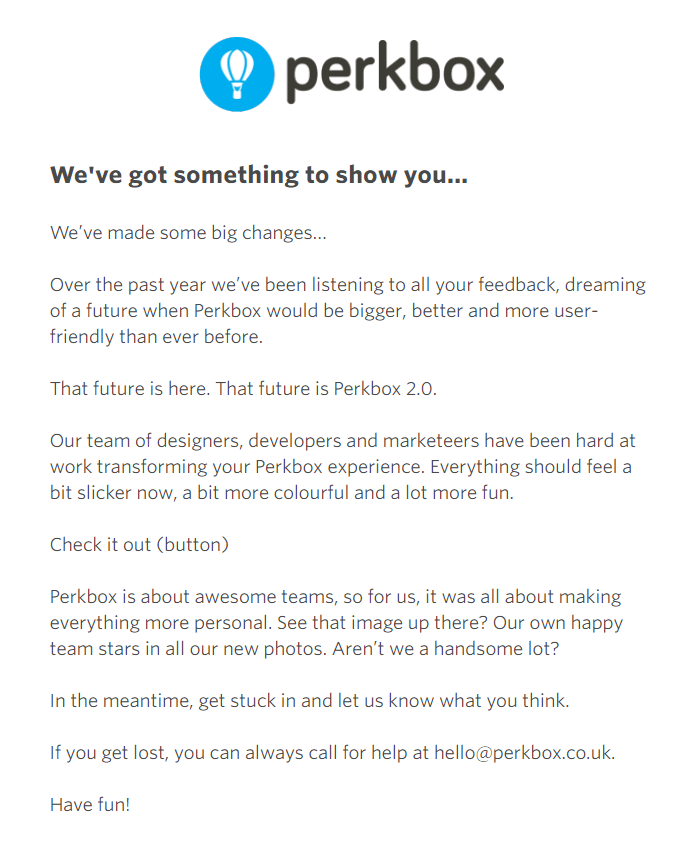 Một ví dụ email quảng cáo từ Perkbox về việc công bố các tính năng mới