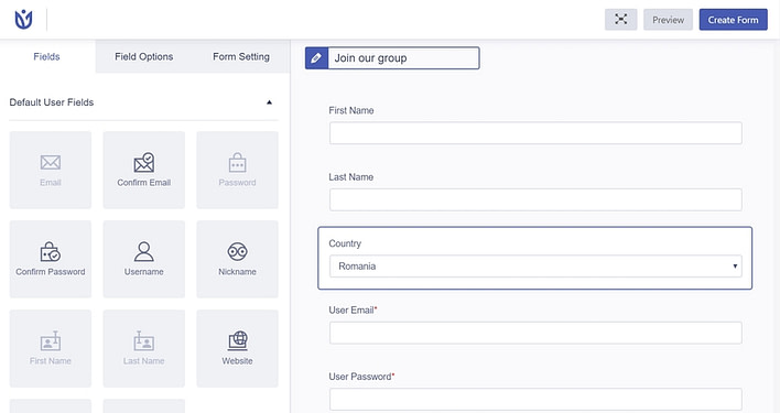 User Registration plugin create new form