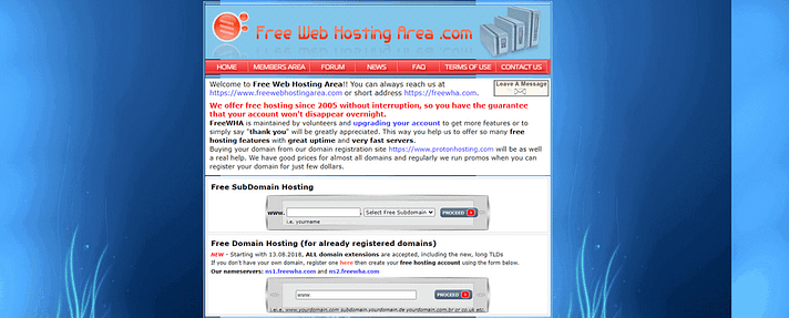 Page d'accueil FreeWebHostingArea