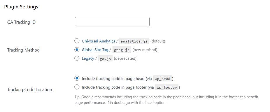 The GA Google Analytics settings