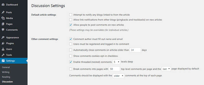 WordPress pingbacks and trackbacks settings.