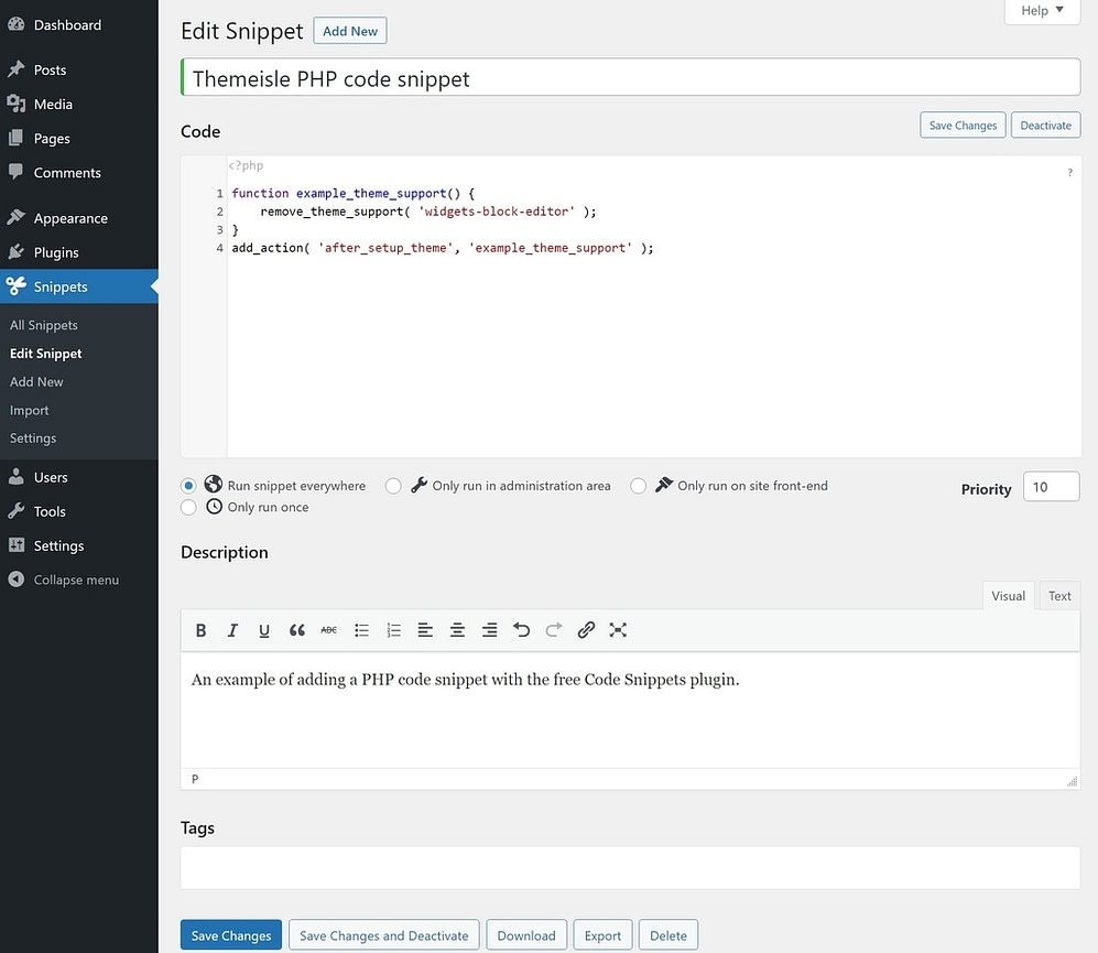 Adding PHP with the free Code Snippets plugin
