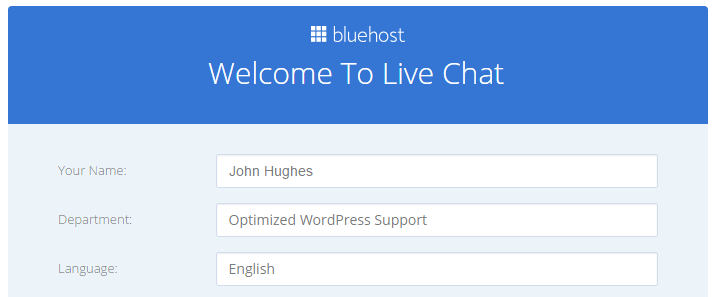 Bluehost được quản lý WordPress đánh giá lưu trữ: Ảnh chụp màn hình ban đầu Bluehost màn hình trò chuyện trực tiếp.