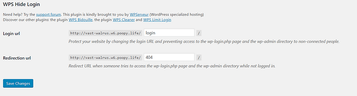 The WPS Hide Login plugin settings.