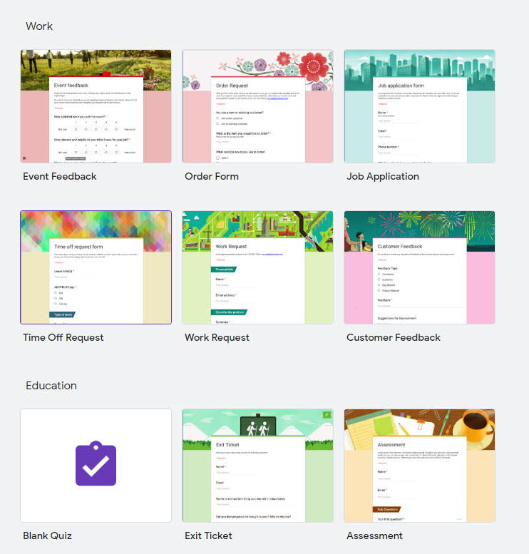 Google Forms template options