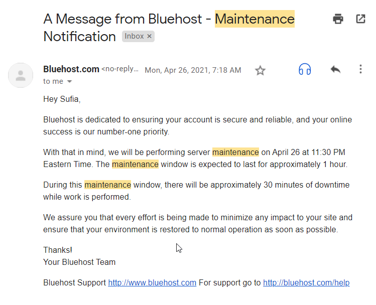 bluehost email bảo trì theo lịch trình