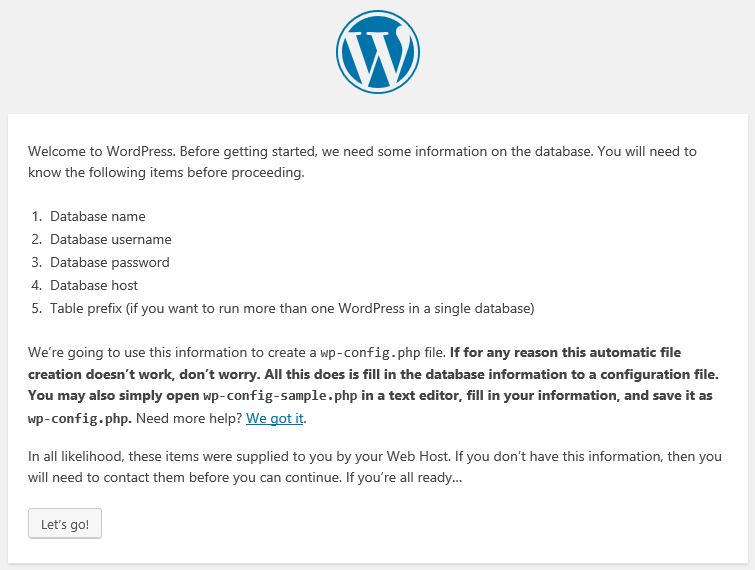 Instructions during the WordPress setup process.