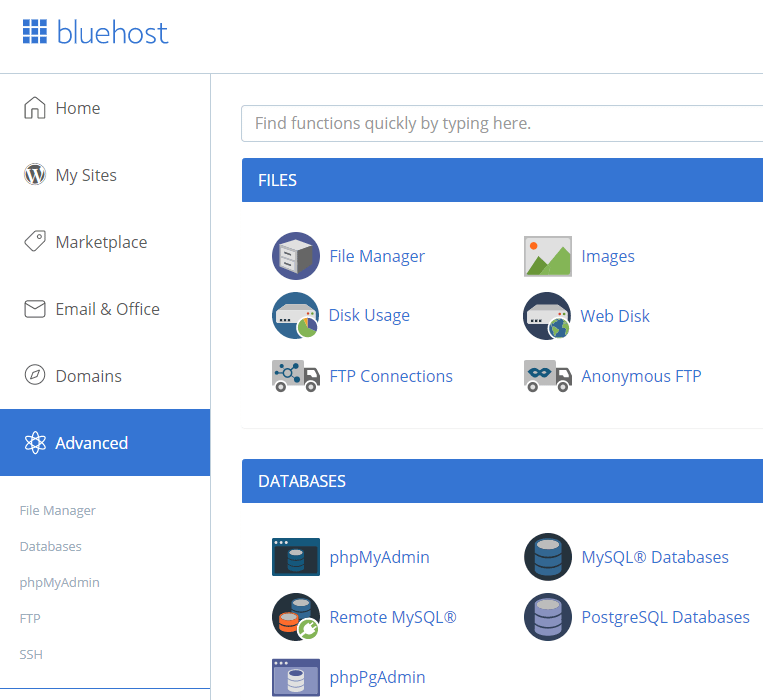 Accessing your Bluehost cPanel.