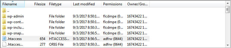 The .htaccess file viewed in FileZilla.