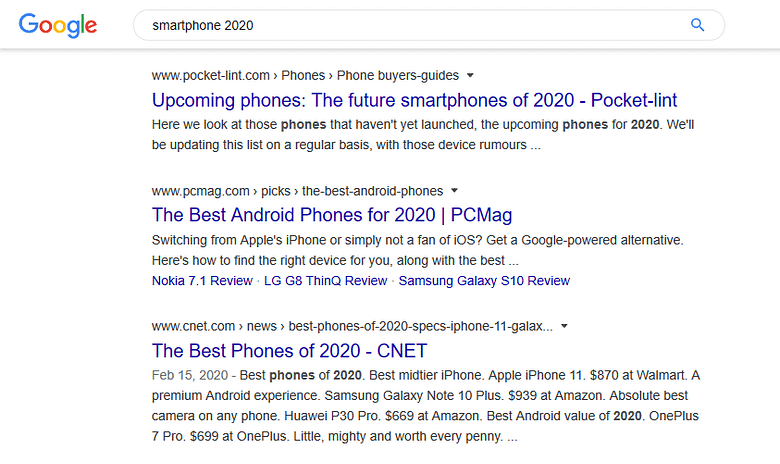 Tìm kiếm trên Google về điện thoại thông minh vào năm 2020.