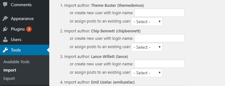 Assigning your new content to specific authors before you can test a WordPress theme.