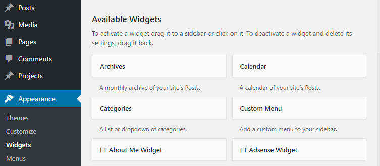 Some of the widgets available on WordPress.