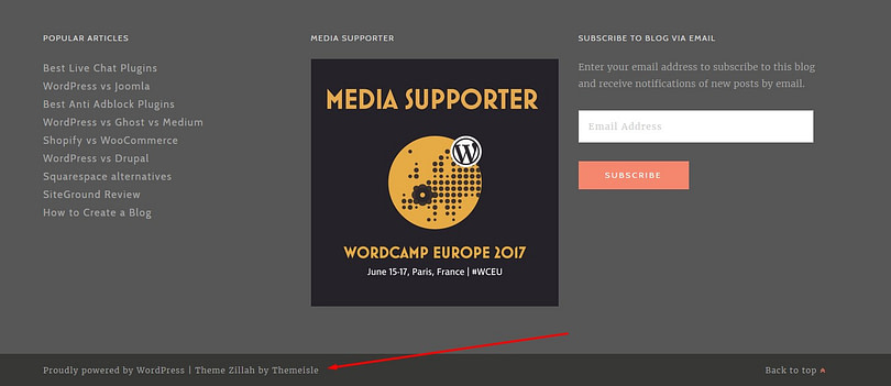 footer note mentioning the WordPress theme