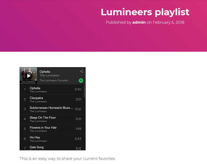 Spotify playlist added to blog post