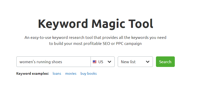 Using SEMRush to run a keyword search.