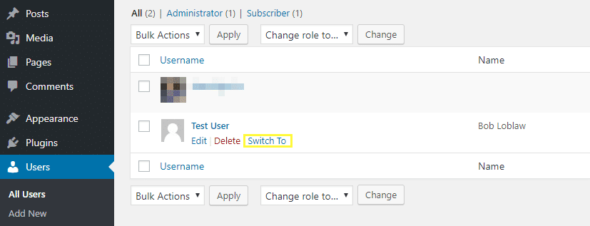 The option to switch between WordPress users.
