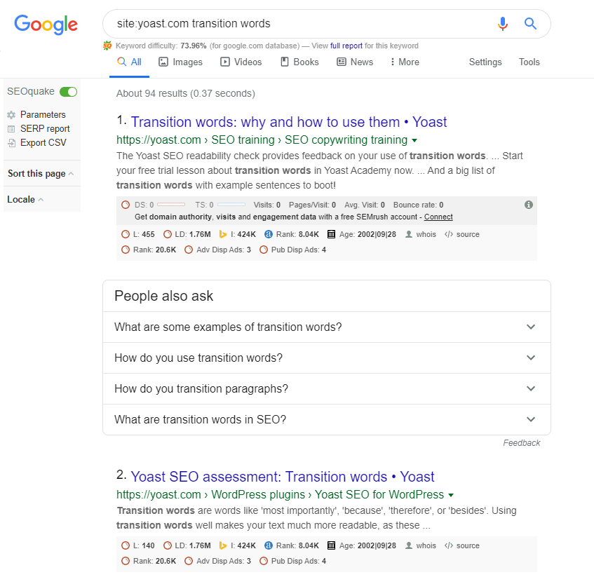 A Google search for Yoast posts about transition words.
