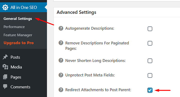 how to redirect attachment pages in all in one seo