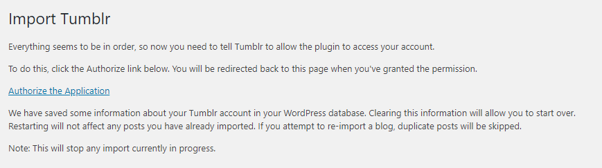 Authorizing WordPress to connect to Tumblr.
