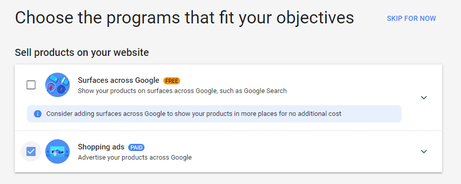 Selecting the Shopping ads program.