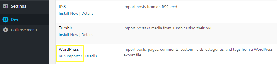 Import WordPress content via the importer tool.