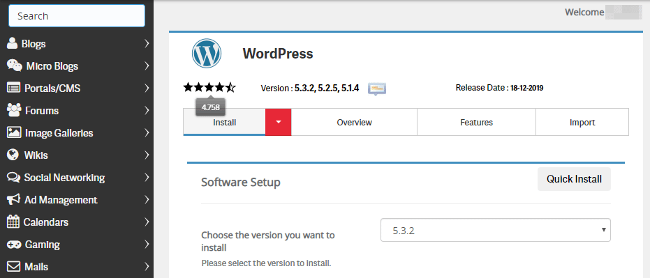 Using the Softaculous installer to set up WordPress.