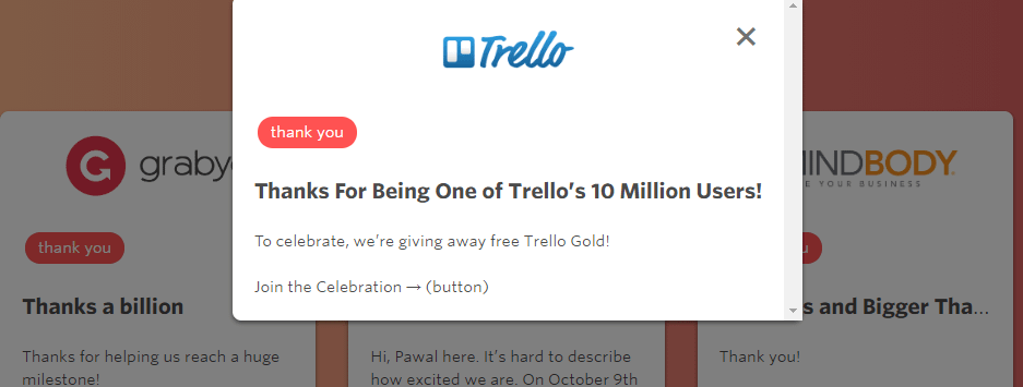 Tin nhắn cảm ơn từ Trello, bao gồm cả quà tặng.