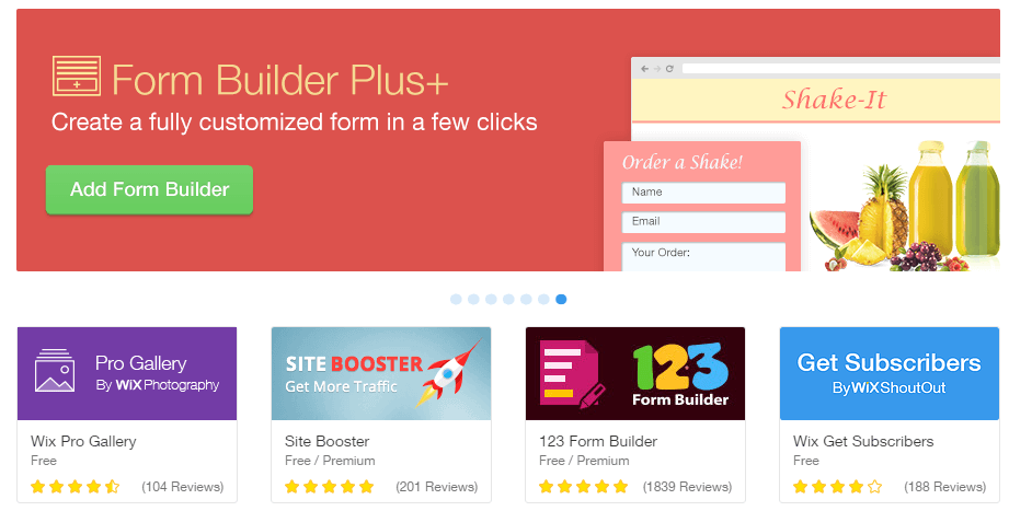 A screenshot of the Wix app catalog.