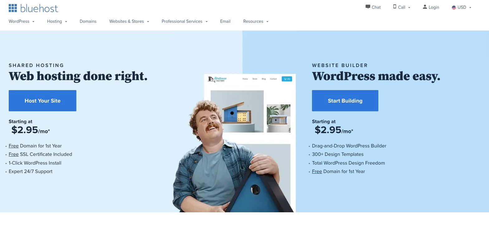 WordPress Hosting for Beginners: Bluehost homepage.