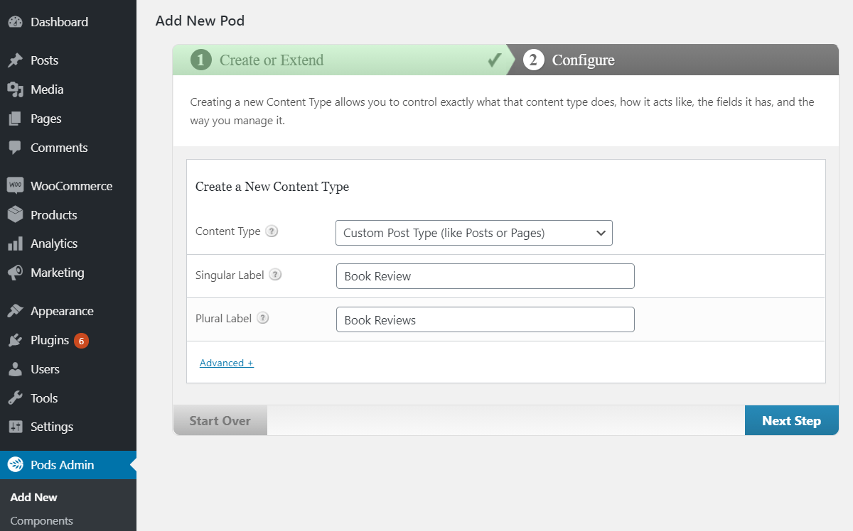 Using Pods to create a new custom post type entitled 'Book Review'.