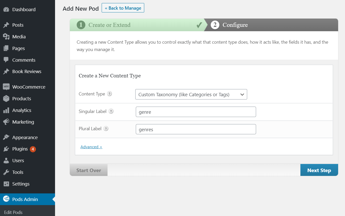 Adding custom taxonomies in Pods.