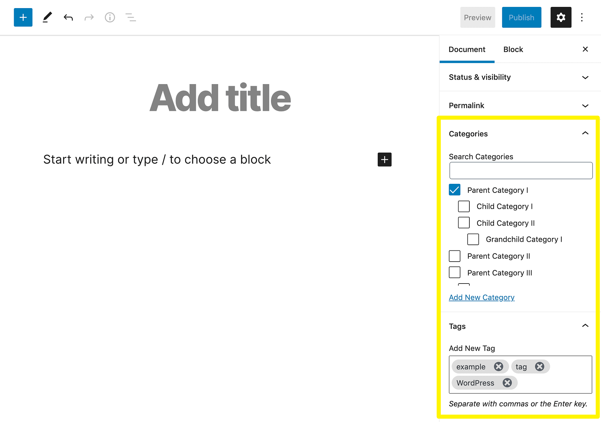 Adicione categorias e tags do WordPress no Editor de bloco.