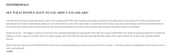 Testimonials at the Steamlabs website