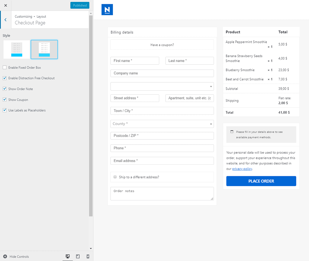 The Neve Pro checkout page options for the WooBooster module