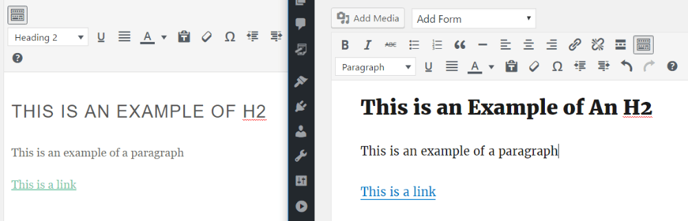 Side-by-side example of showing the WordPress classic editor as it normally looks and how it looks after following this tutorial