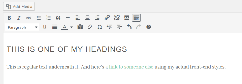 End result showing WordPress classic editor looking like front-end of website