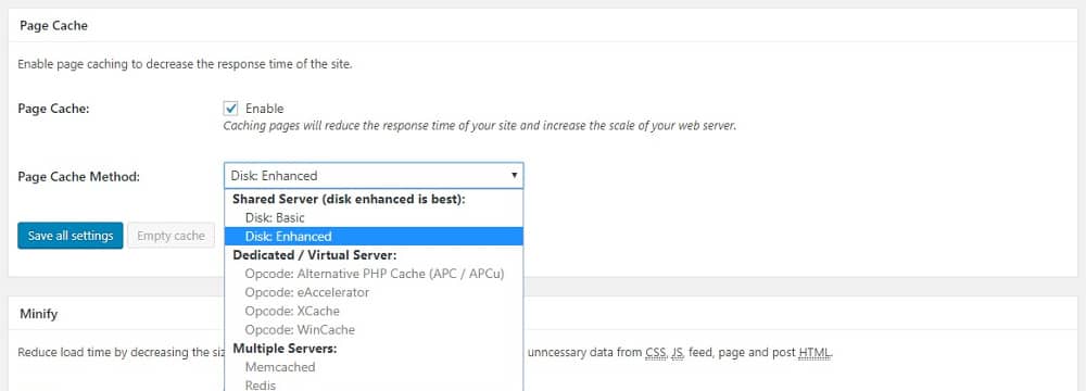 General settings: page cache.