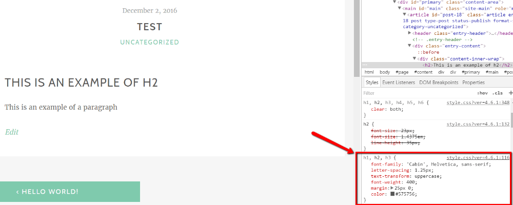 Using the Inspect tool to find h1, h2, h3 tags in a live post