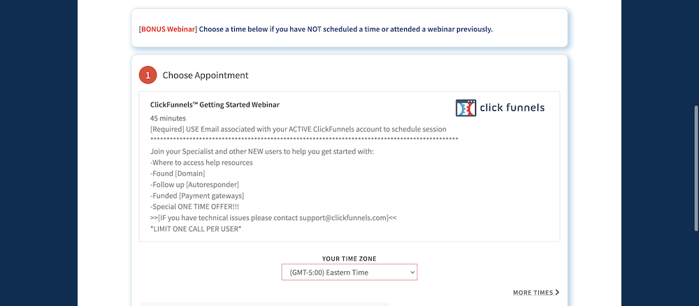 A ClickFunnels notice to offer access to a seminar.