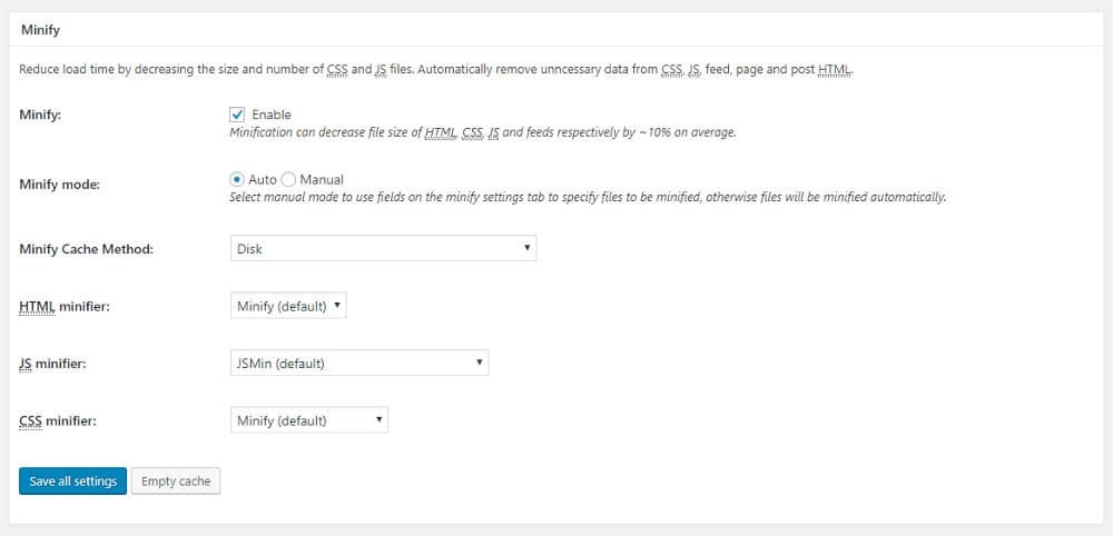 General settings: minify.