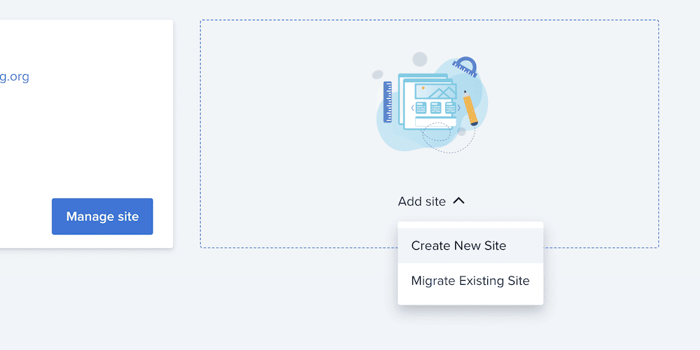 The buttons to create a new site within the Bluehost dashboard.
