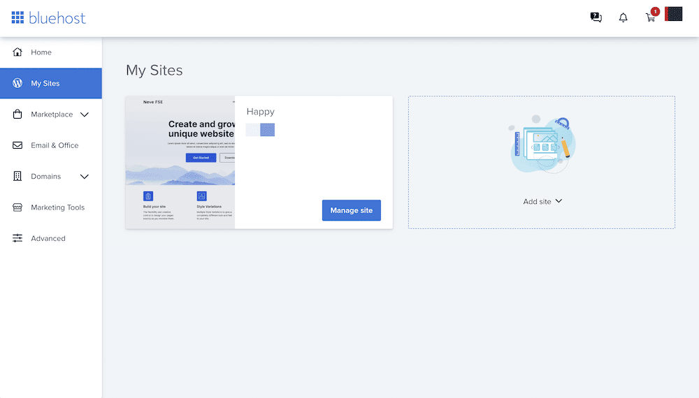 The Bluehost dashboard for Bluehost vs Wix comparison.