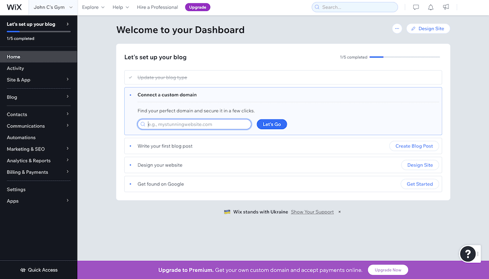 The Wix dashboard for Bluehost vs Wix comparison.
