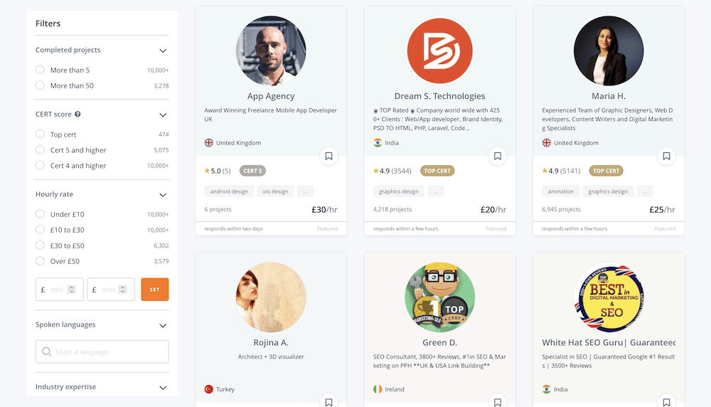 The PeoplePerHour profile list.