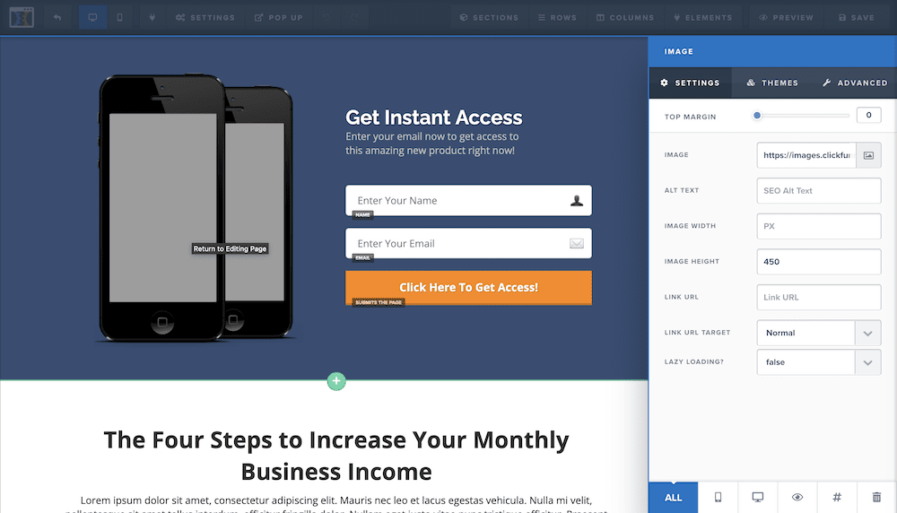 The ClickFunnels drag-and-drop editor.